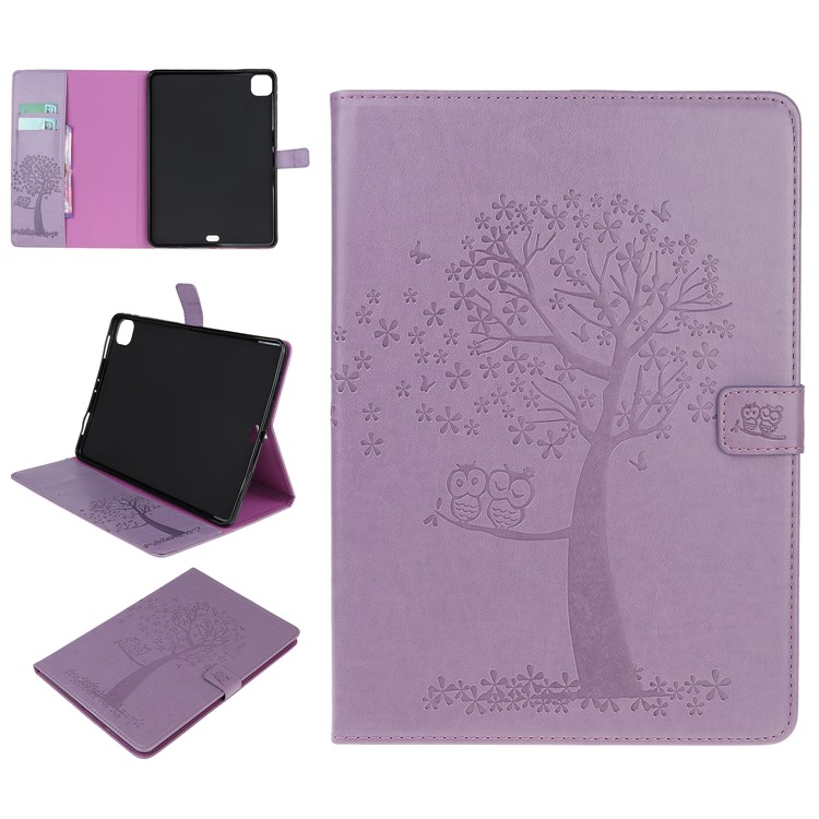 Imprint Tree and Owls Wallet Stand Flip Leather Tablet Protective Case for iPad Pro 11-inch (2018) - Purple-1