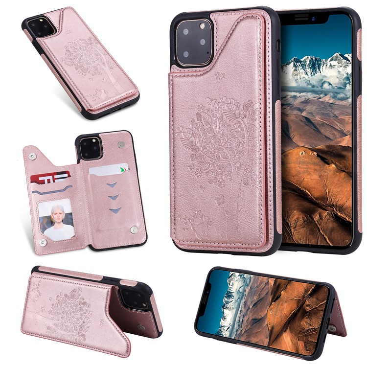 Anti-fall Imprinted Cat Tree Leather Coated TPU Covering for iPhone (2019) 6.1-inch - Rose Gold-1