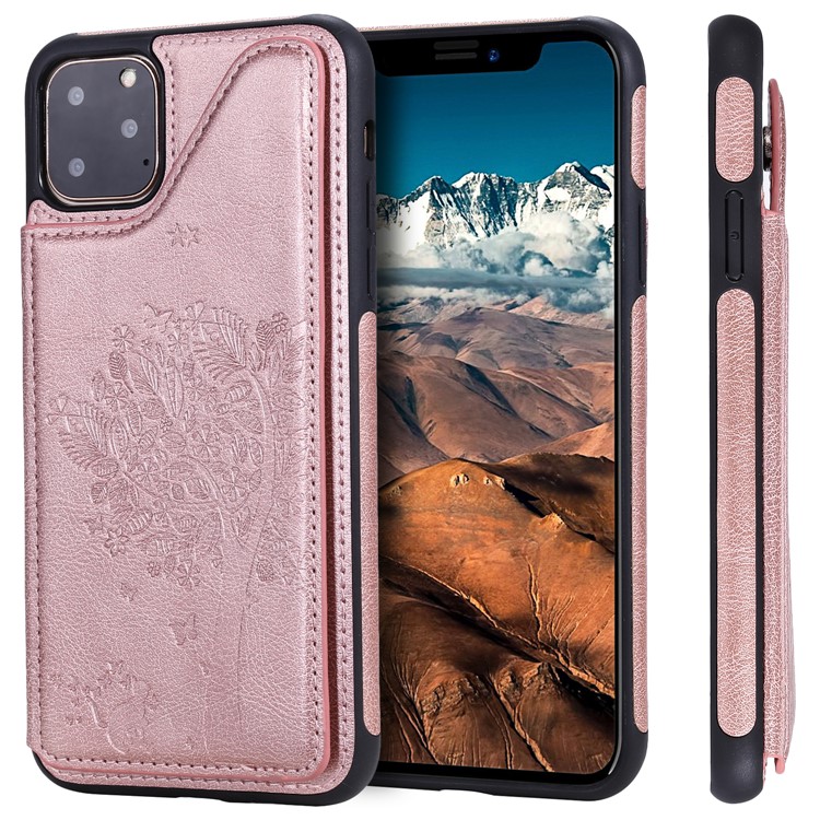 Anti-fall Imprinted Cat Tree Leather Coated TPU Covering for iPhone (2019) 6.1-inch - Rose Gold-9