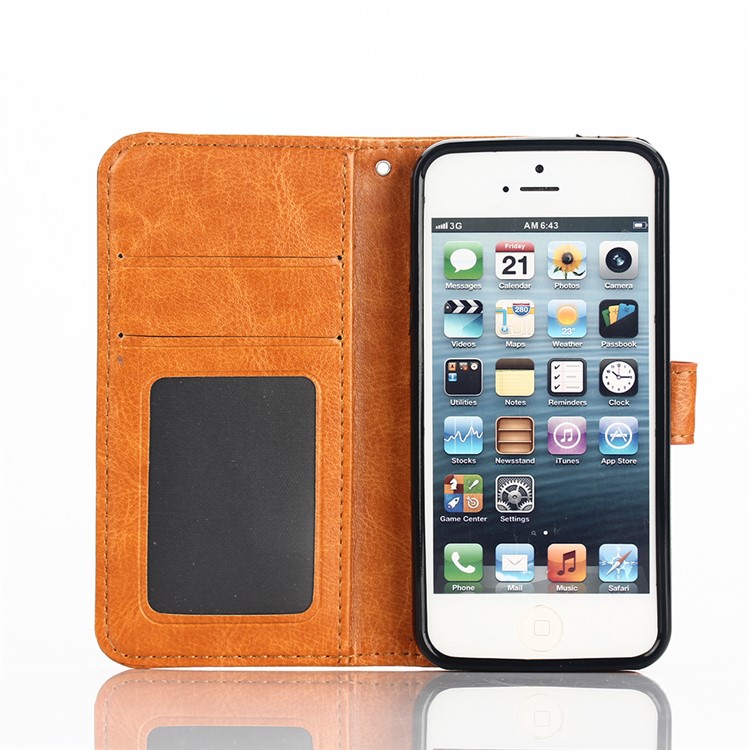 For iPhone SE 5s 5 Crazy Horse Wallet Stand Leather Case Accessory - Brown-4