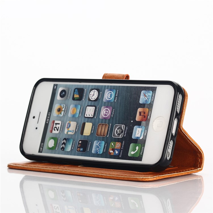 For iPhone SE 5s 5 Crazy Horse Wallet Stand Leather Case Accessory - Brown-6