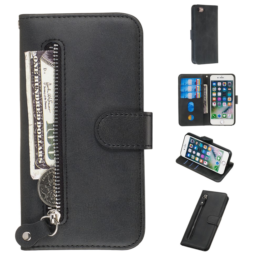 Zipper Pocket Wallet Stand Flip Leather Phone Case for iPhone 8/7 4.7 inch - Black-1