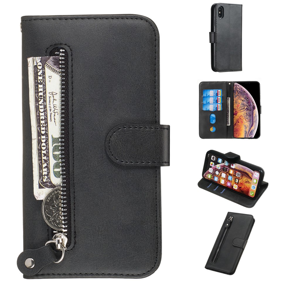 Zipper Pocket Leather Stand Case with Card Slots for iPhone XS/X 5.8 inch - Black-1