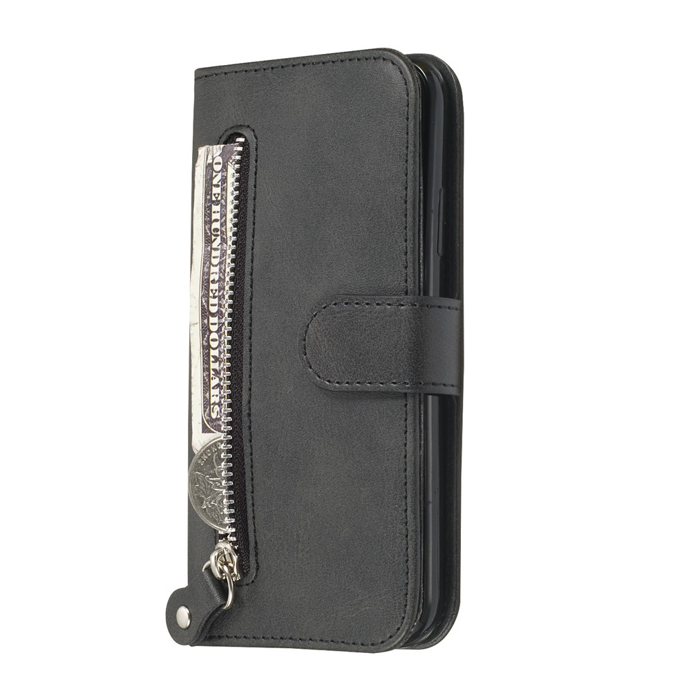 Zipper Pocket Leather Stand Case with Card Slots for iPhone XS/X 5.8 inch - Black-4