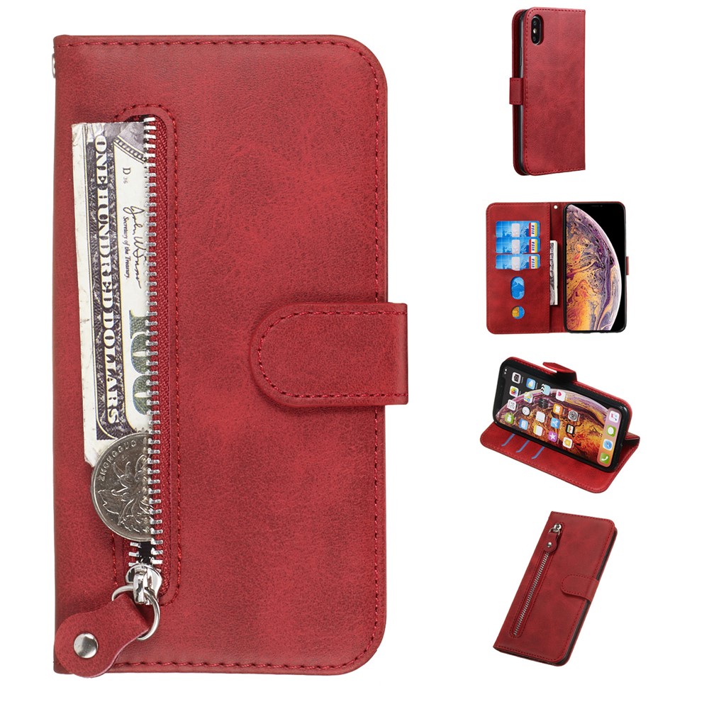 Zipper Pocket Leather Stand Case with Card Slots for iPhone XS/X 5.8 inch - Red