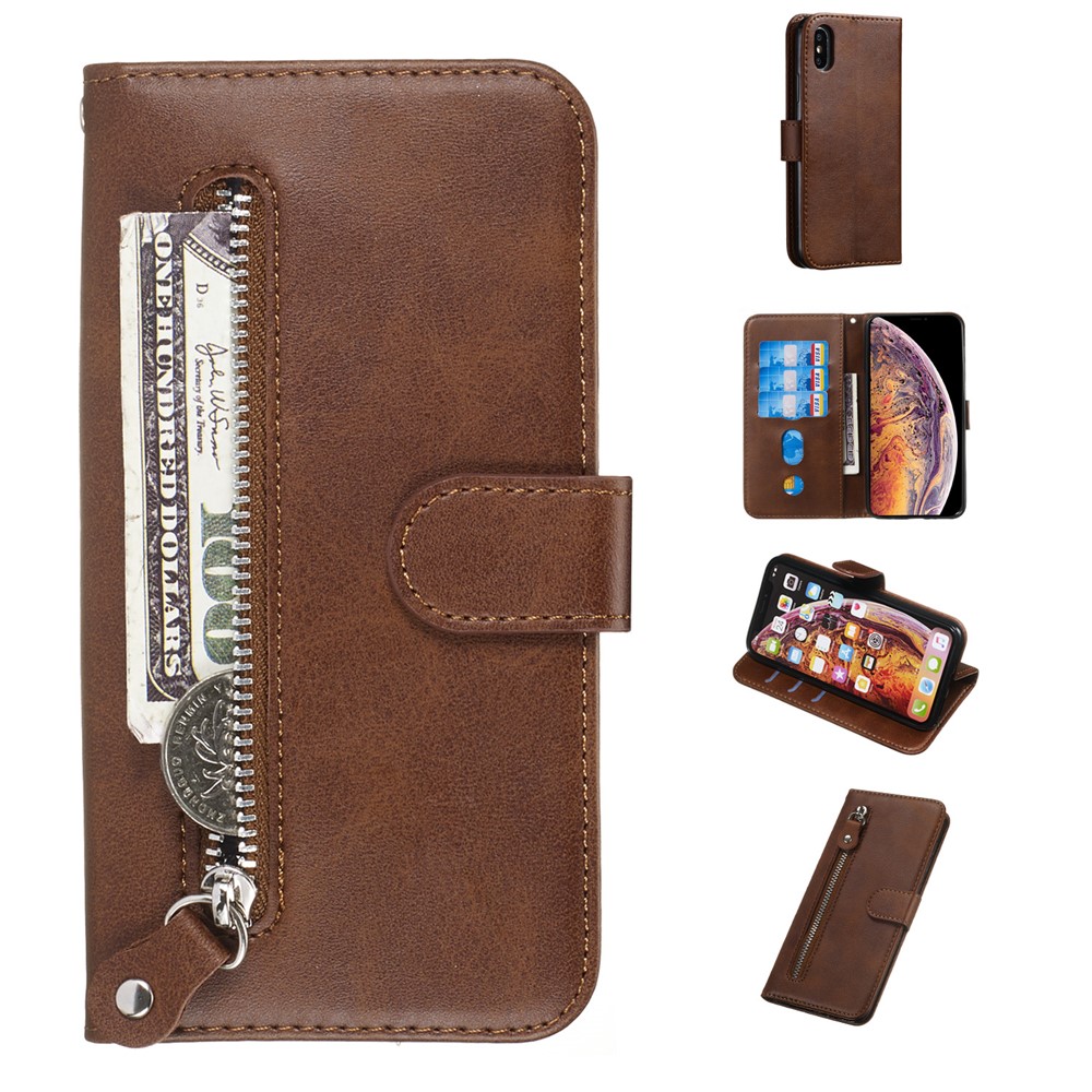 Zipper Pocket Leather Stand Case with Card Slots for iPhone XS/X 5.8 inch - Brown