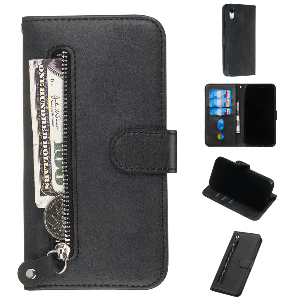 Zipper Pocket Fashion Wallet Stand Flip Leather Phone Case Cover for iPhone XR 6.1 inch - Black