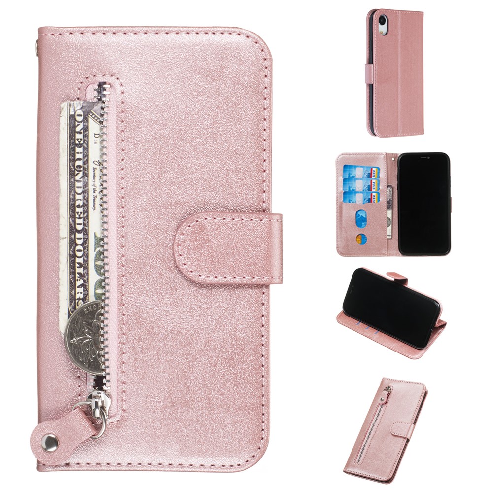 Zipper Pocket Fashion Wallet Stand Flip Leather Phone Case Cover for iPhone XR 6.1 inch - Rose Gold