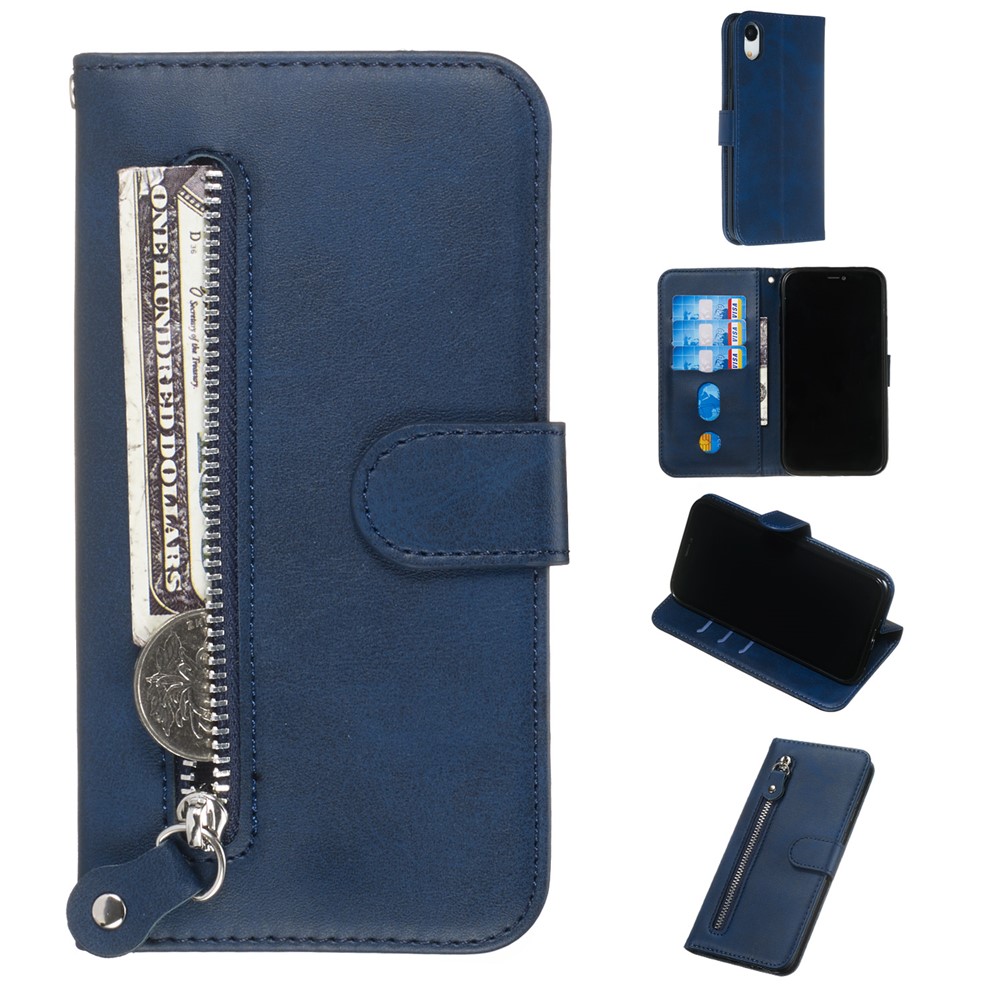 Zipper Pocket Fashion Wallet Stand Flip Leather Phone Case Cover for iPhone XR 6.1 inch - Blue