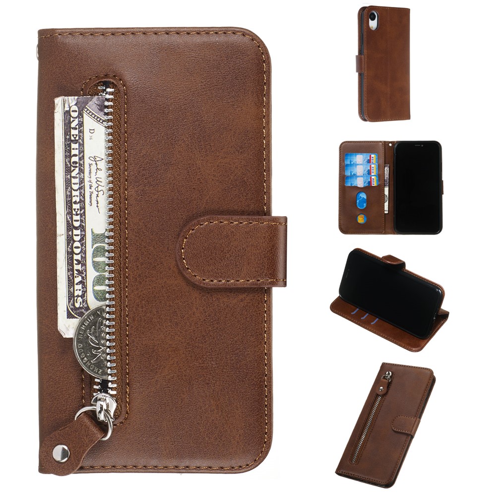Zipper Pocket Fashion Wallet Stand Flip Leather Phone Case Cover for iPhone XR 6.1 inch - Brown