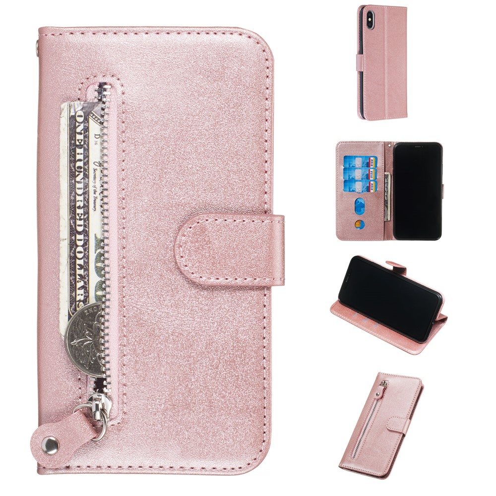 Zipper Pocket PU Leather Wallet Case for iPhone XS Max 6.5 inch - Rose Gold
