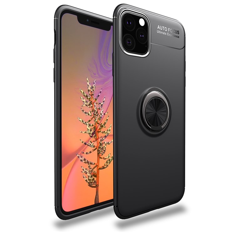 LENUO for iPhone (2019) 5.8-inch Metal Ring Bracket Built-in Magnetic Metal Sheet TPU Cover Casing - All Black-1