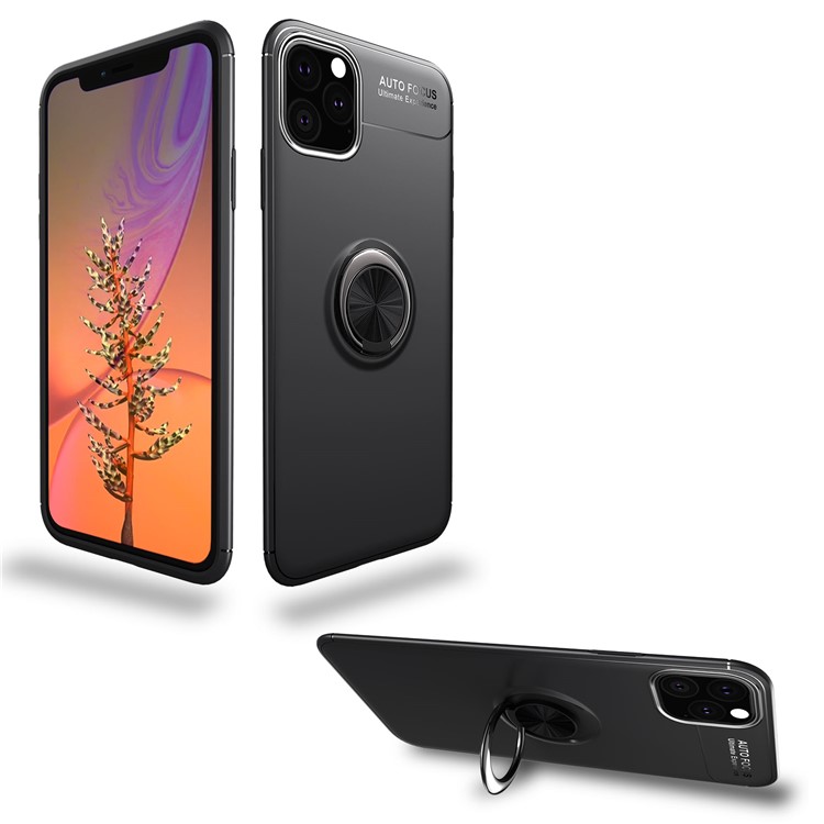 LENUO for iPhone (2019) 5.8-inch Metal Ring Bracket Built-in Magnetic Metal Sheet TPU Cover Casing - All Black-12