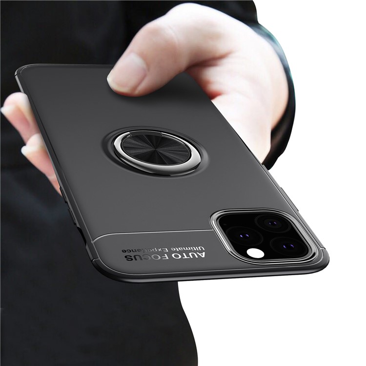 LENUO for iPhone (2019) 5.8-inch Metal Ring Bracket Built-in Magnetic Metal Sheet TPU Cover Casing - All Black-3