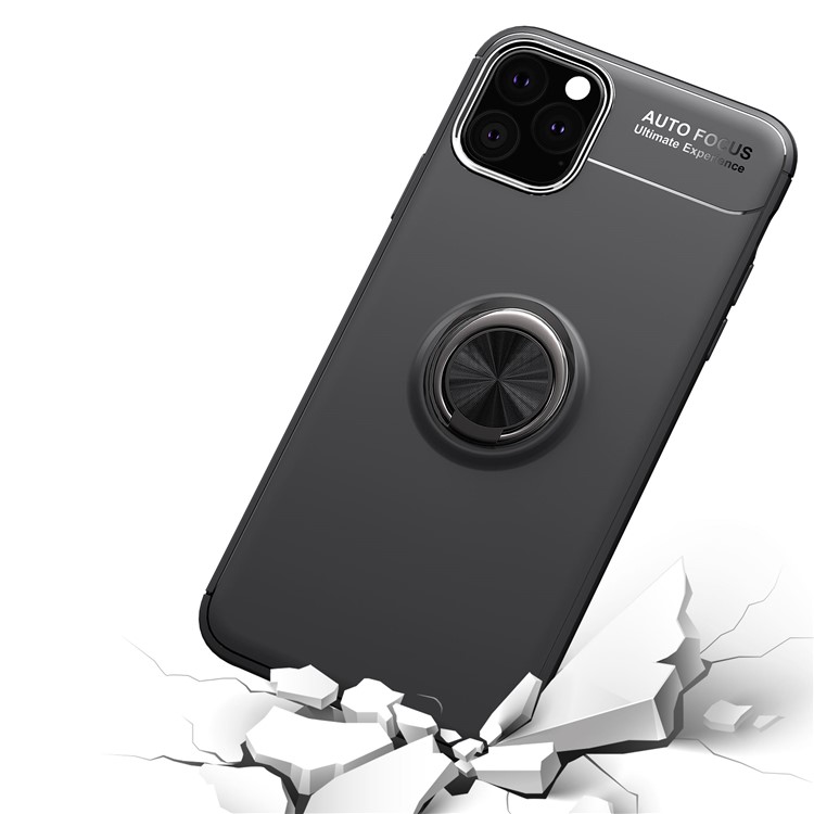 LENUO for iPhone (2019) 5.8-inch Metal Ring Bracket Built-in Magnetic Metal Sheet TPU Cover Casing - All Black-9