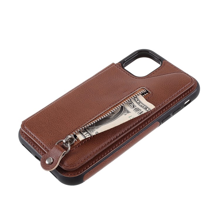 PU Leather Coated TPU Phone Cover with Zipper Pocket Card Holder for iPhone (2019) 5.8-inch - Brown-11