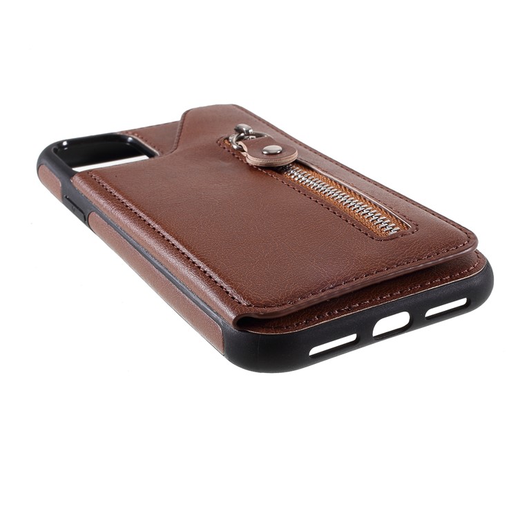 PU Leather Coated TPU Phone Cover with Zipper Pocket Card Holder for iPhone (2019) 5.8-inch - Brown-8