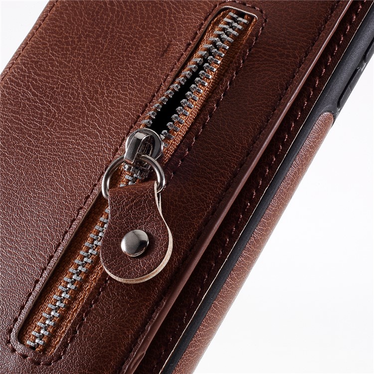 PU Leather Coated TPU Phone Cover with Zipper Pocket Card Holder for iPhone (2019) 5.8-inch - Brown-9