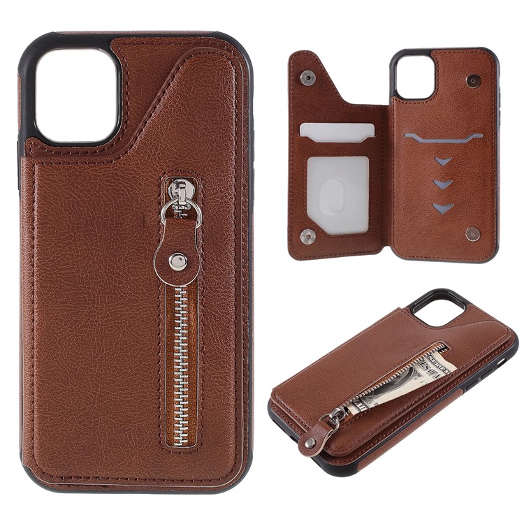 PU Leather Coated TPU Shell with Zipper Pocket for iPhone (2019) 6.5-inch - Brown-1