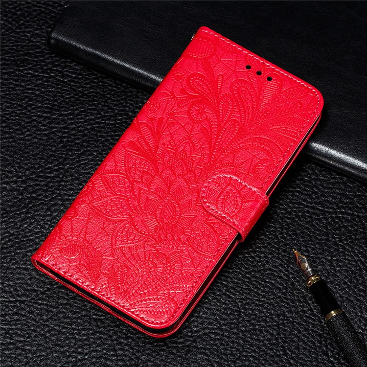 Imprinted Lace Flower Style Leather Wallet Casing Shell for iPhone (2019) 6.1-inch - Red-11