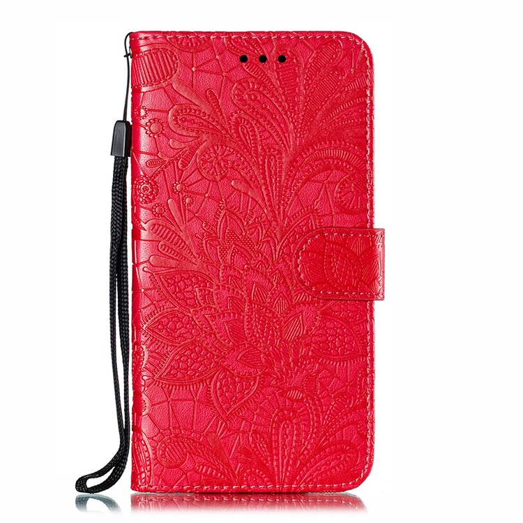 Imprinted Lace Flower Style Leather Wallet Casing Shell for iPhone (2019) 6.1-inch - Red-2