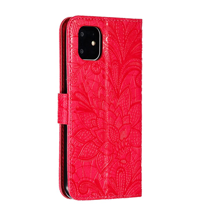 Imprinted Lace Flower Style Leather Wallet Casing Shell for iPhone (2019) 6.1-inch - Red-4