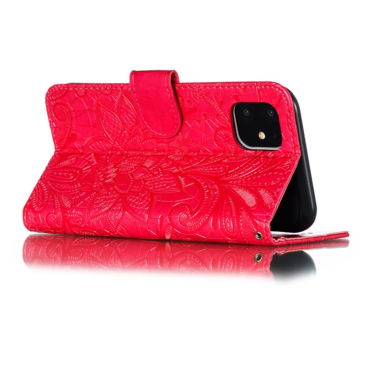 Imprinted Lace Flower Style Leather Wallet Casing Shell for iPhone (2019) 6.1-inch - Red-6