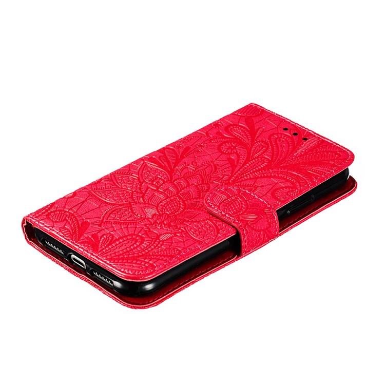 Imprinted Lace Flower Style Leather Wallet Casing Shell for iPhone (2019) 6.1-inch - Red-8