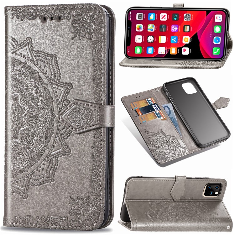 Embossed Mandala Flower Leather Wallet Case for iPhone (2019) 5.8-inch - Grey-1