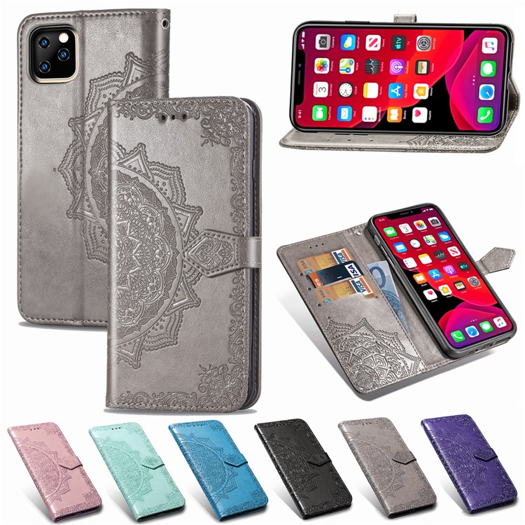 Embossed Mandala Flower Leather Wallet Case for iPhone (2019) 5.8-inch - Grey-11