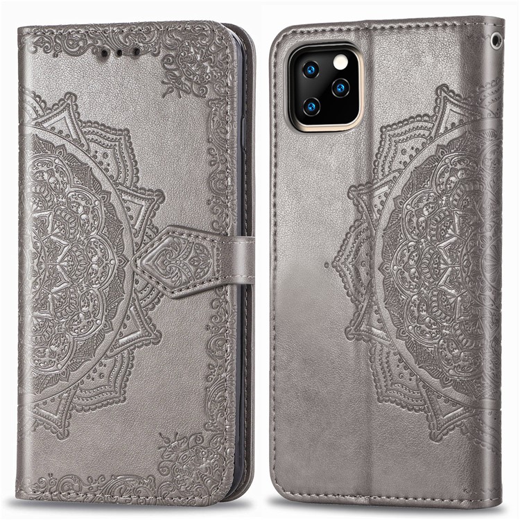 Embossed Mandala Flower Leather Wallet Stand Case for iPhone (2019) 6.1-inch - Grey-2