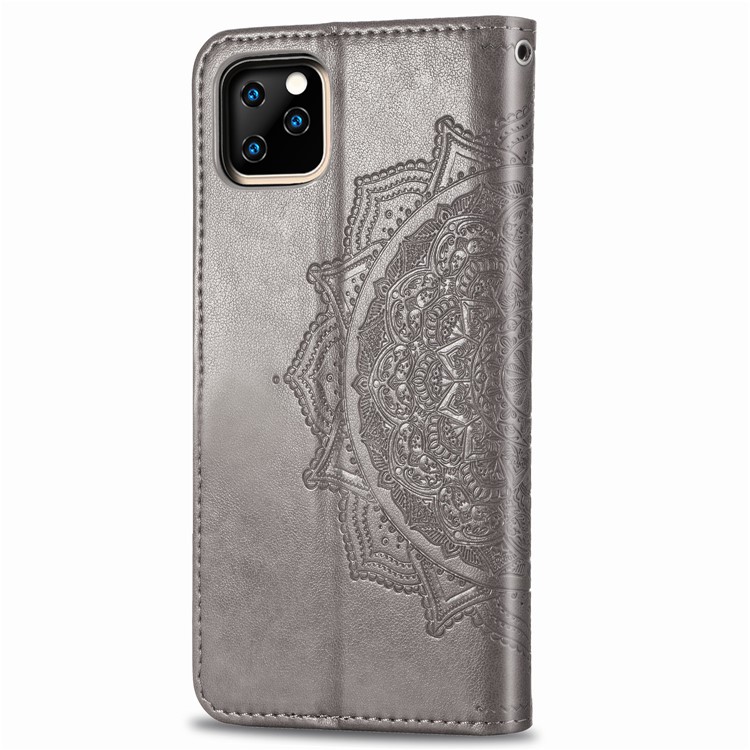 Embossed Mandala Flower Leather Wallet Stand Case for iPhone (2019) 6.1-inch - Grey-4