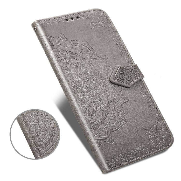 Embossed Mandala Flower Leather Wallet Stand Case for iPhone (2019) 6.1-inch - Grey-8