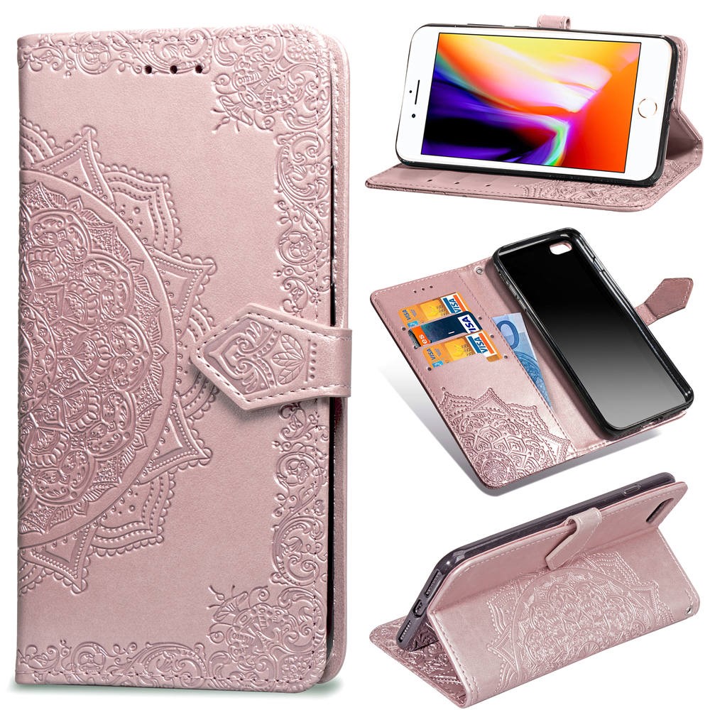 Embossed Mandala Flower Leather Wallet Case for iPhone 7/8 - Rose Gold-1