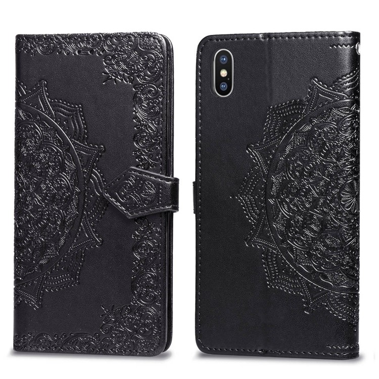 Caixa de Carteira de Couro de Flor de Mandala em Relevo Para Iphone XS/X 5,8 Polegadas - Preto