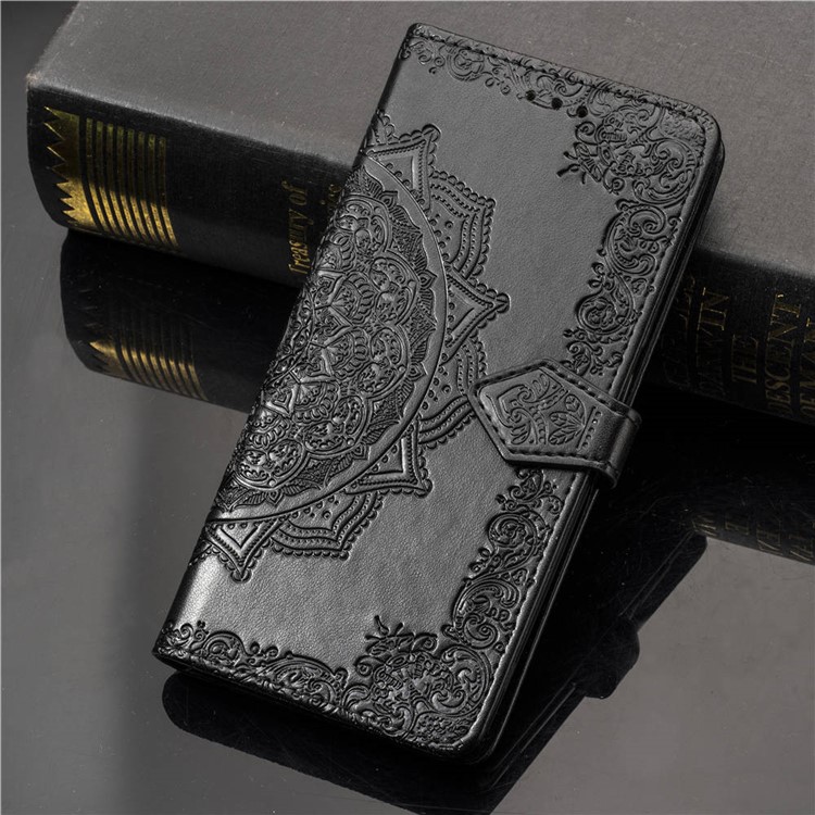 Case de Portefeuille en Cuir à Fleurs Mandala en Relief Pour Iphone xs / x 5,8 Pouces - le Noir