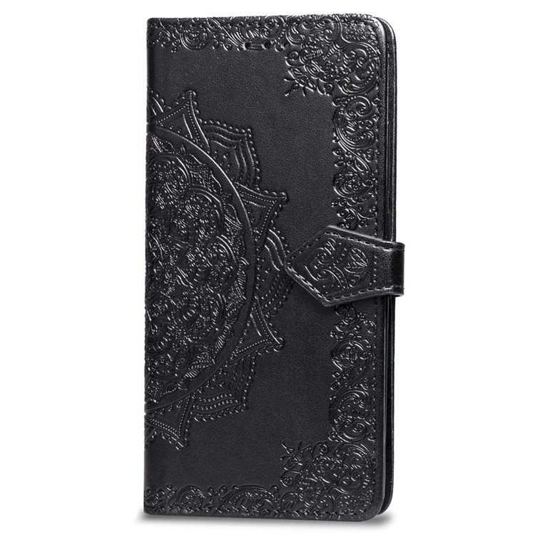 Caixa de Carteira de Couro de Flor de Mandala em Relevo Para Iphone XS/X 5,8 Polegadas - Preto