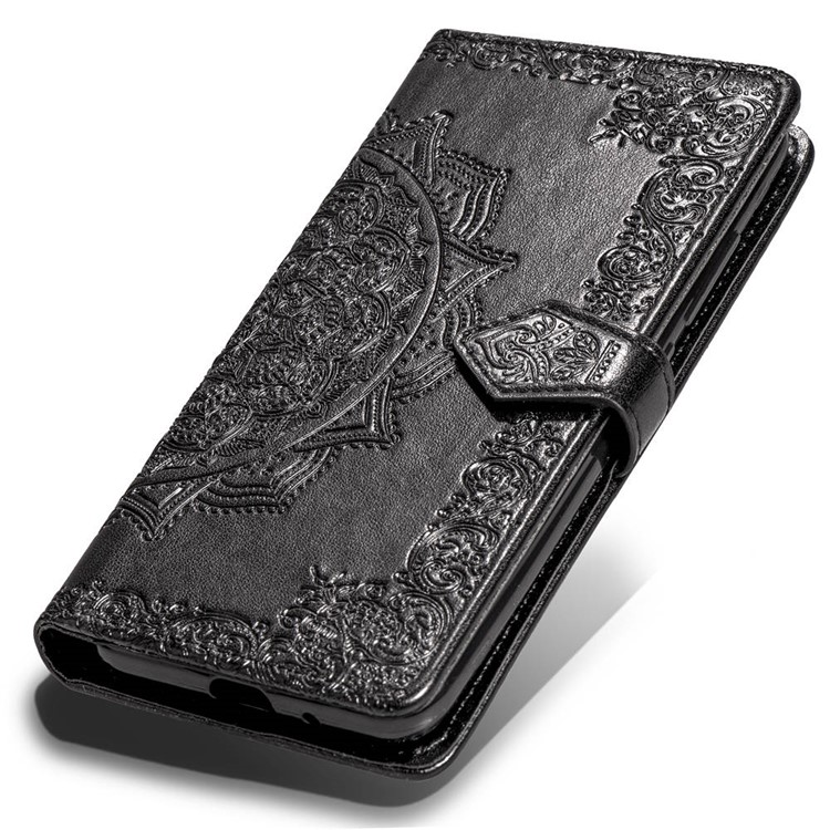 Caixa de Carteira de Couro de Flor de Mandala em Relevo Para Iphone XS/X 5,8 Polegadas - Preto