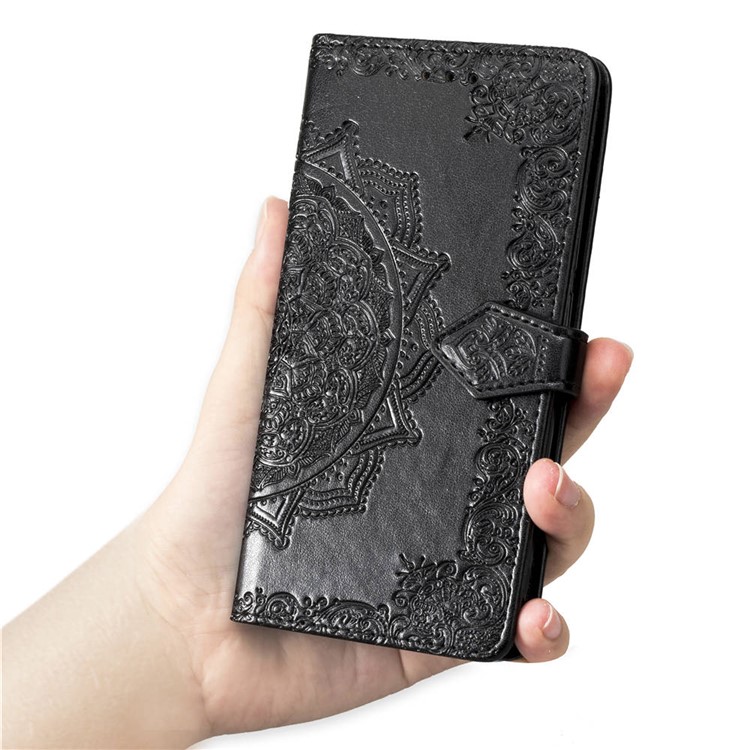 Caixa de Carteira de Couro de Flor de Mandala em Relevo Para Iphone XS/X 5,8 Polegadas - Preto