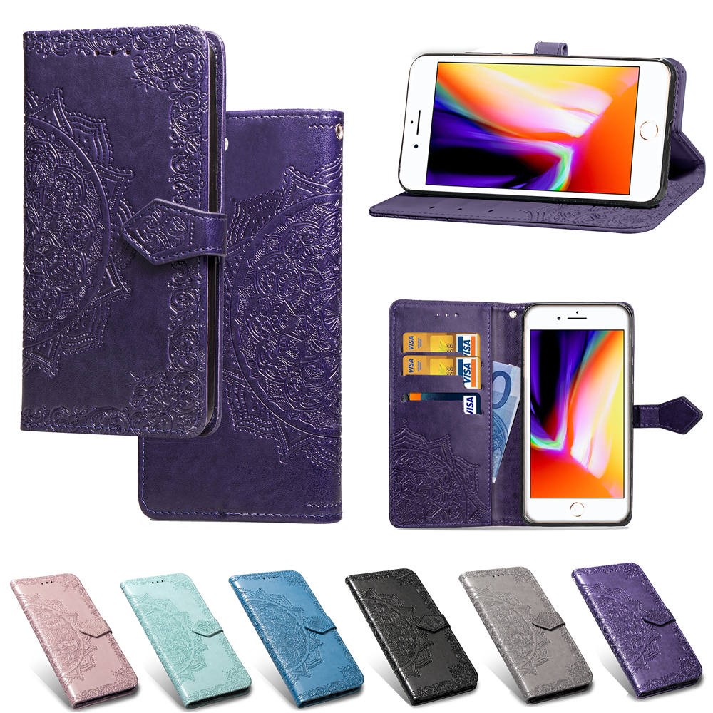 Embossed Mandala Flower Leather Wallet Case for iPhone 8 Plus / 7 Plus - Purple-11