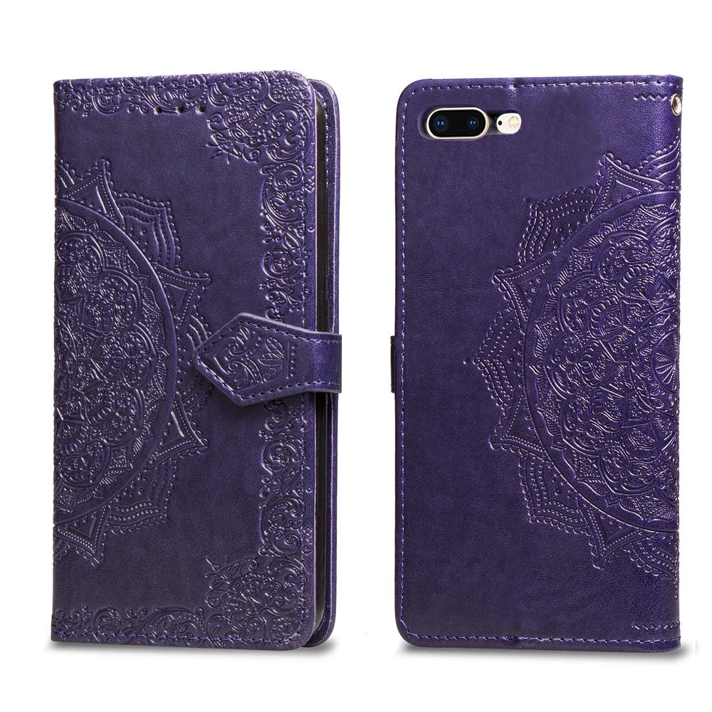 Embossed Mandala Flower Leather Wallet Case for iPhone 8 Plus / 7 Plus - Purple-2