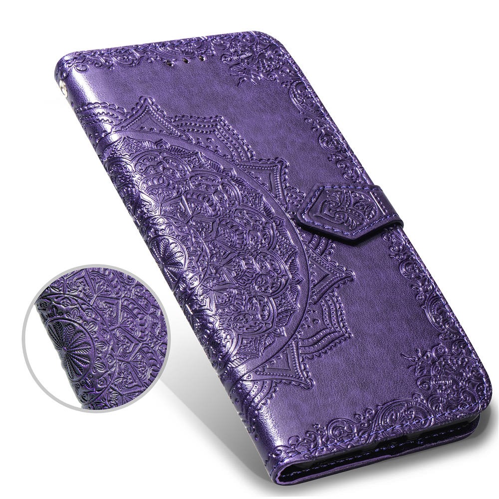 Embossed Mandala Flower Leather Wallet Case for iPhone 8 Plus / 7 Plus - Purple-3