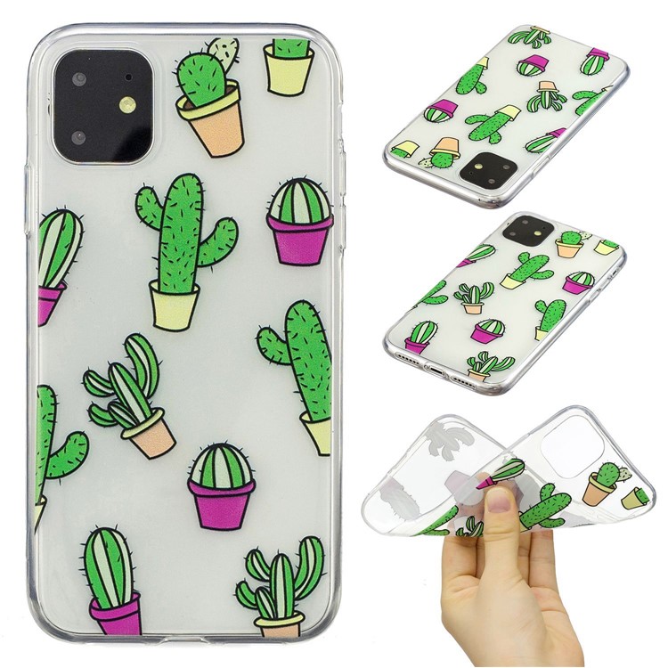 Pattern Printing Clear Soft TPU Back Shell for iPhone (2019) 6.1-inch - Cactus-1