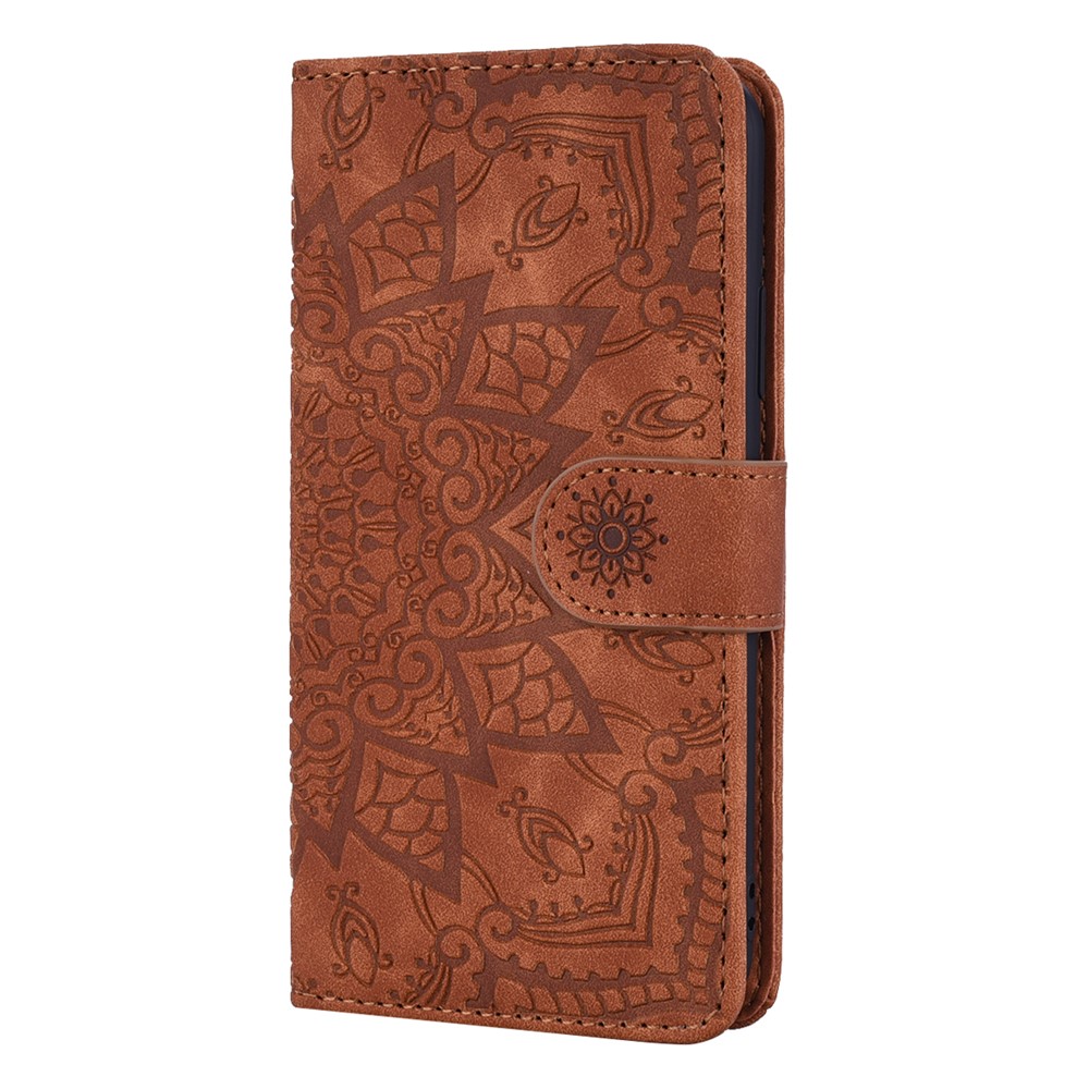 Imprint Mandala Flower Stand Wallet Leather Case Shell Cover for iPhone (2019) 6.1-inch - Brown-2