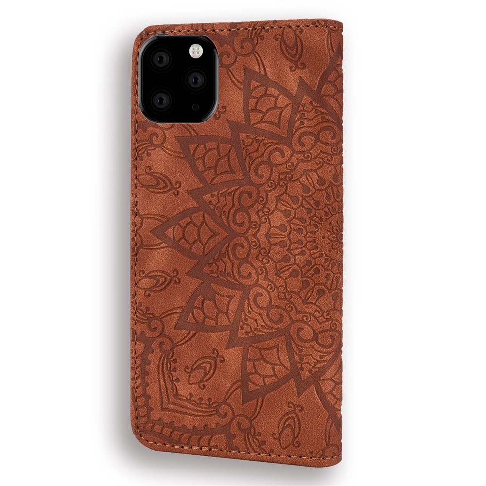 Imprint Mandala Flower Stand Wallet Leather Case Shell Cover for iPhone (2019) 6.1-inch - Brown-3