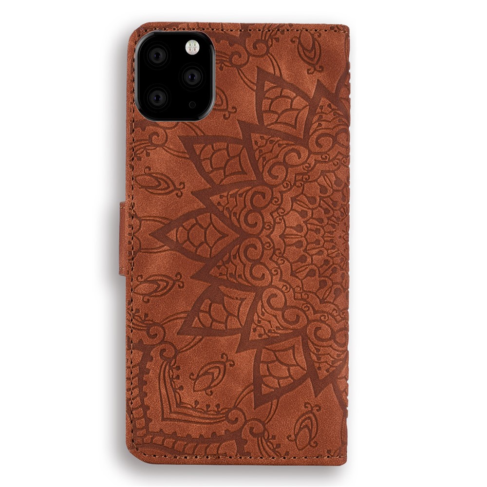 Imprint Mandala Flower Stand Wallet Leather Case Shell Cover for iPhone (2019) 6.1-inch - Brown-5