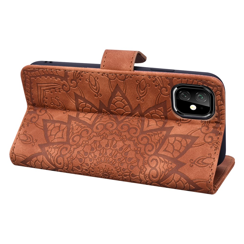 Imprint Mandala Flower Stand Wallet Leather Case Shell Cover for iPhone (2019) 6.1-inch - Brown-8