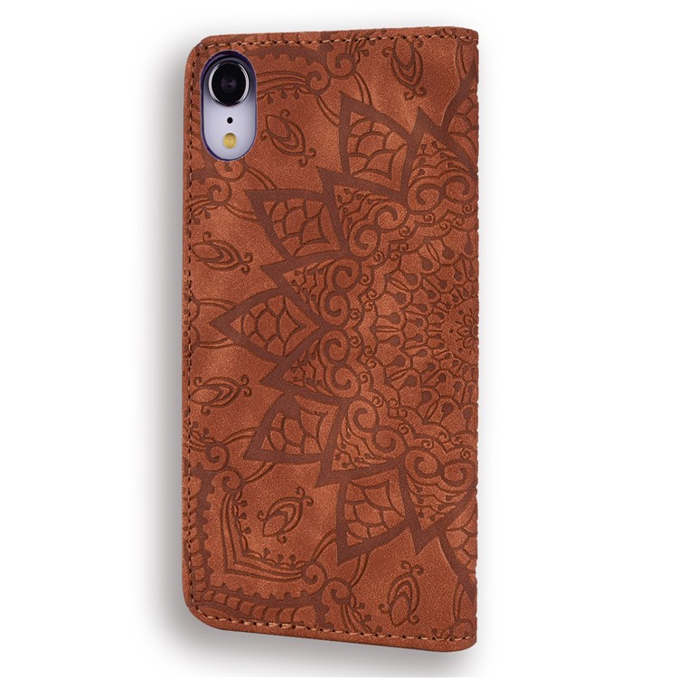 Imprint Flower Leather Wallet Stand Case for iPhone XR 6.1 inch - Brown-3