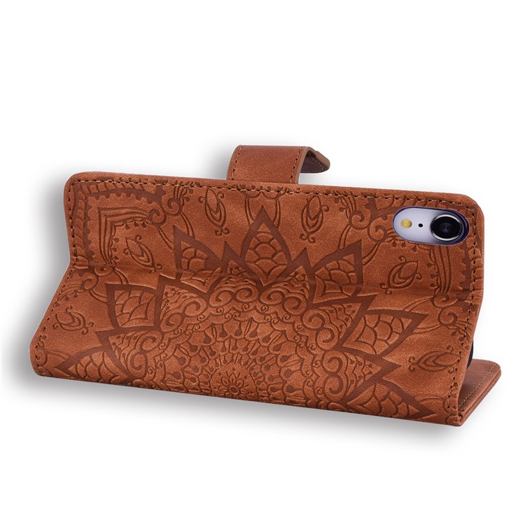 Imprint Flower Leather Wallet Stand Case for iPhone XR 6.1 inch - Brown-8