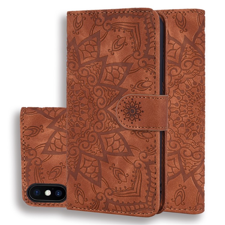 Imprint Flower Leather Wallet Case for iPhone XS Max 6.5 inch - Brown-1